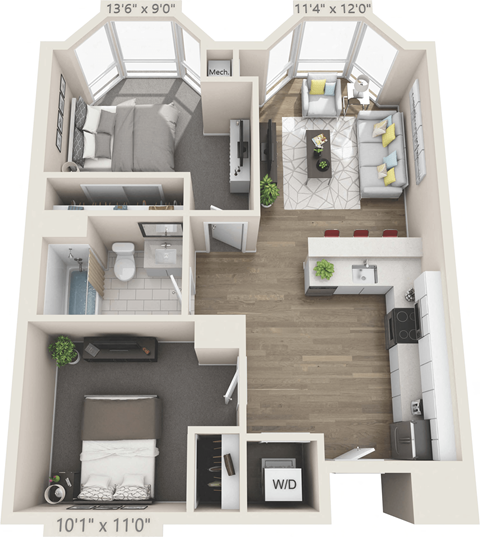 Floor plan for 2 beds, 1 bath, 761 sqft